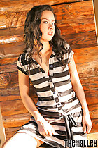  jasmine wang wearing striped dress